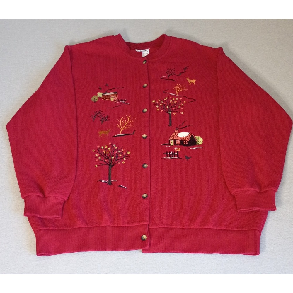 Vintage Bon Worth Embroidered Red Cardigan Sweater 3X/4X? Grandma Core Fall